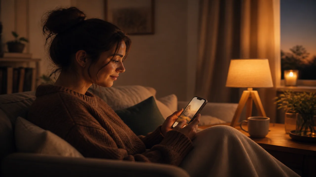 Cinematic editorial illustration of a person reading warm story cards on a phone in a cozy evening room, soft lamp light, no text or logos
