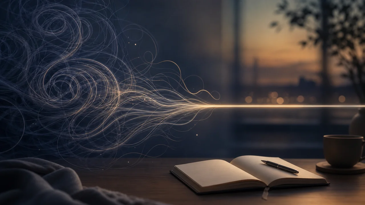Soft indigo thought spirals dissolving into one clear line beside an open notebook in muted evening light