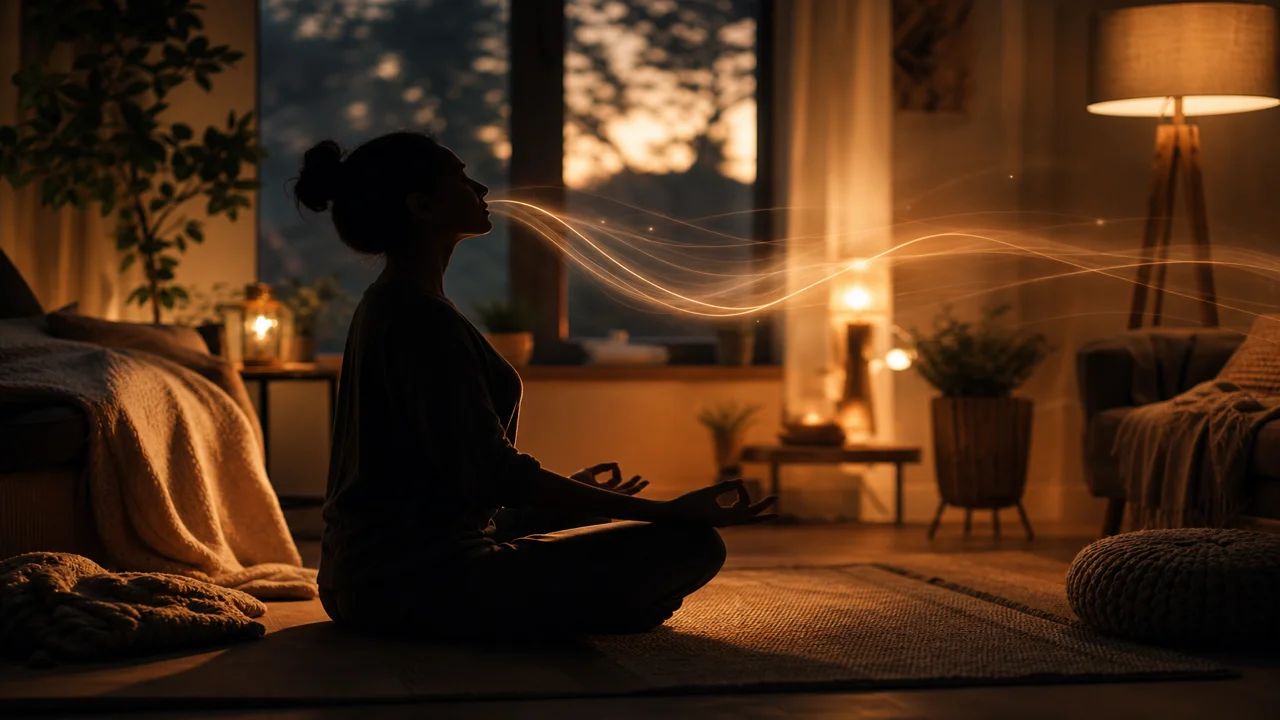 Silhueta respirando calmamente em ambiente acolhedor com luz quente