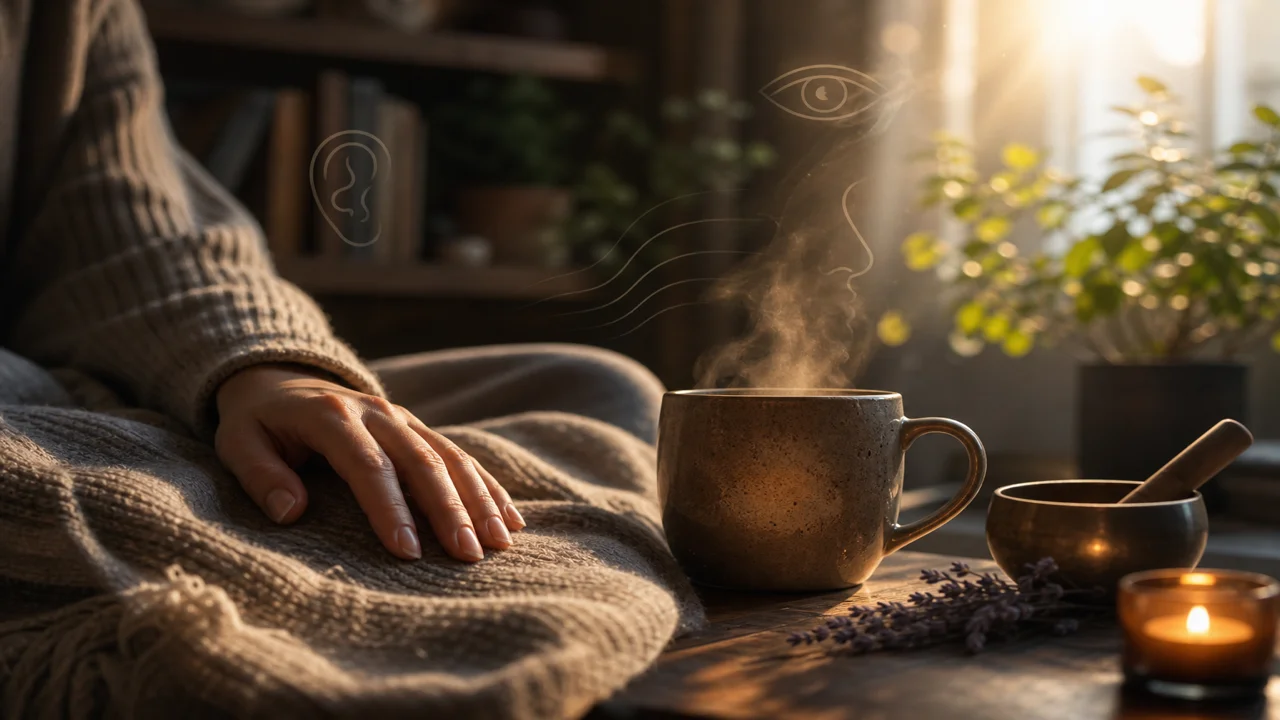 Main touchant des textures et une tasse dans une pièce calme pour ancrer les cinq sens
