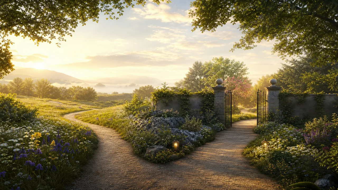 Editorial illustration of a path splitting between open meadow and gated garden with calm light on both sides
