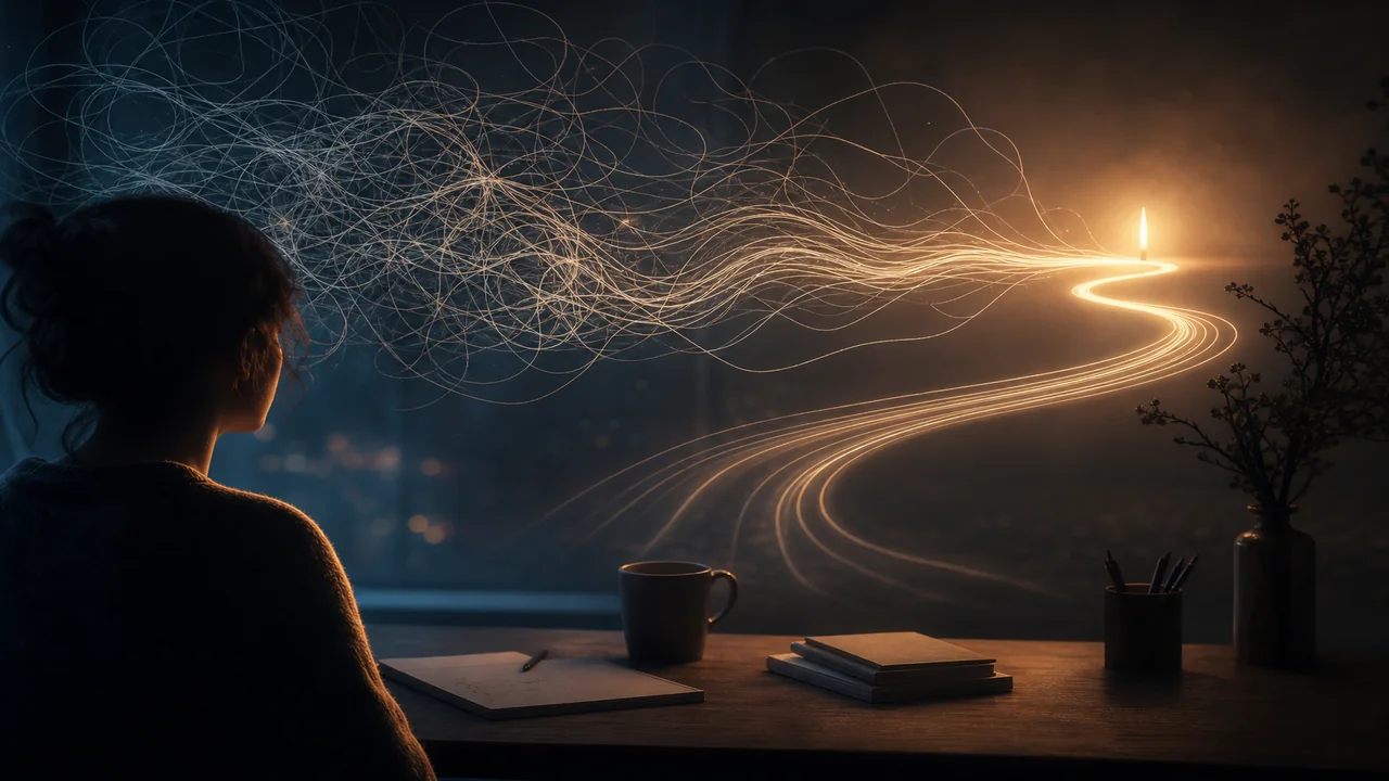 Editorial illustration of thought spirals softening into a single clear line beside an open journal in muted twilight tones