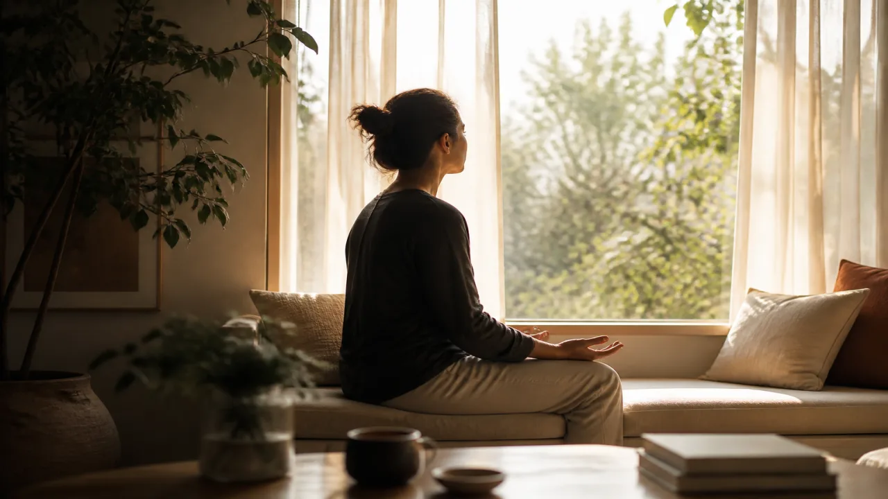 Cinematic soft morning light on a quiet window seat, adult silhouette pausing with open palms resting, calm presence mood