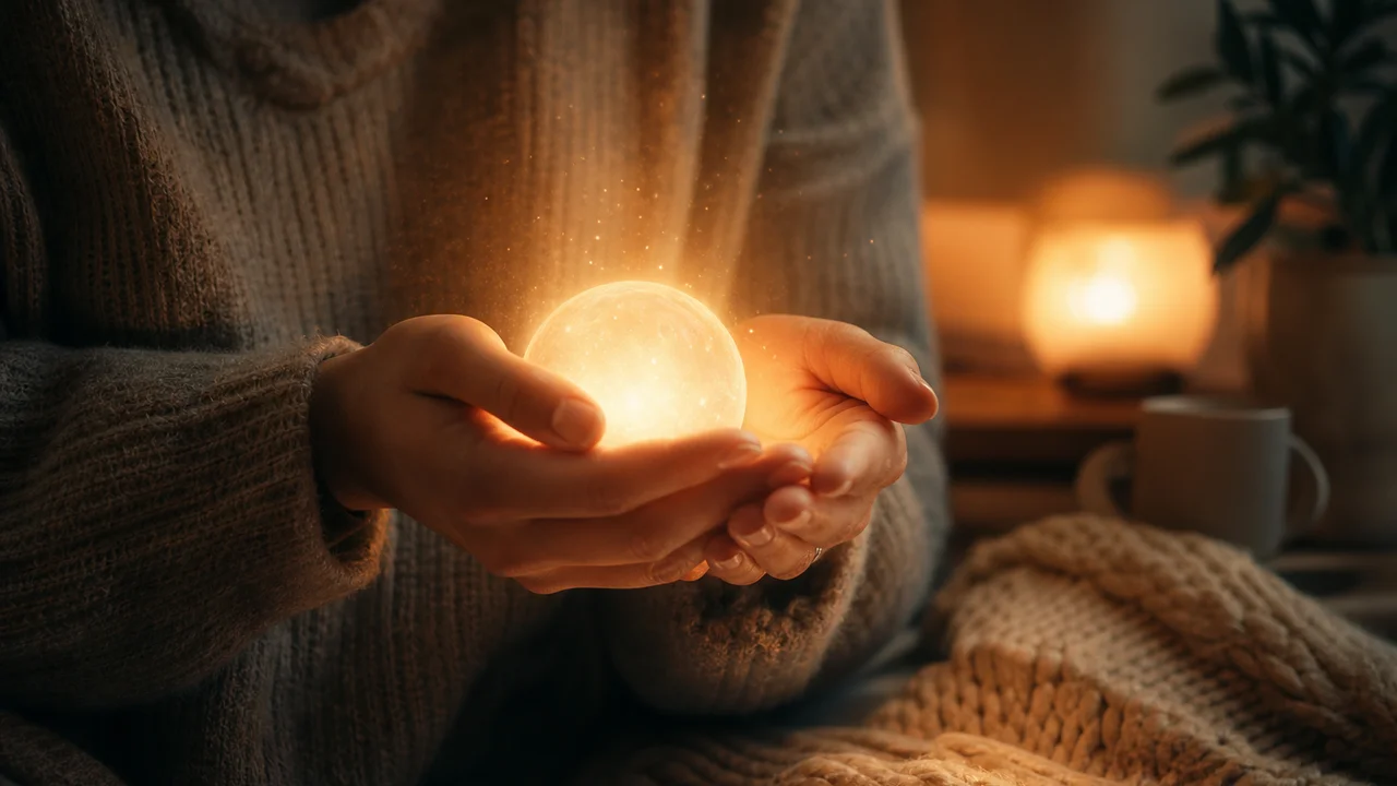 Cinematic warm portrait scene of adult hands gently cupped around soft golden light, calm evening room atmosphere