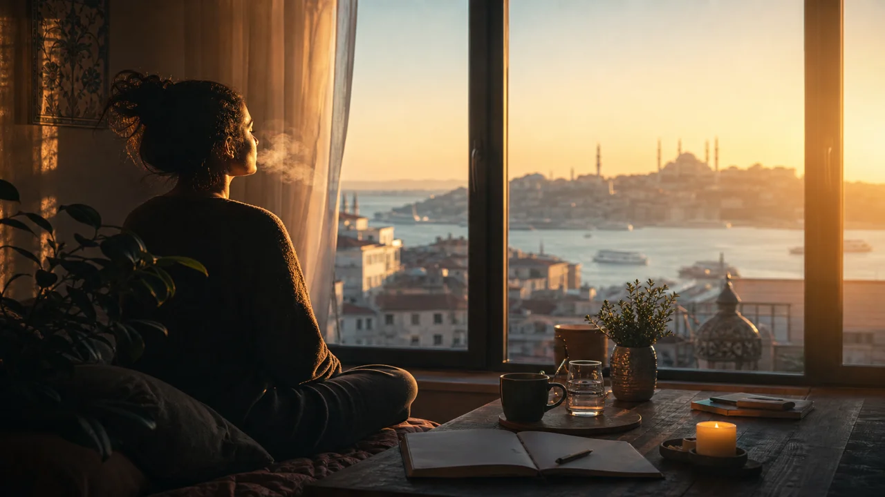 Sakin silüet pencere kenarında; nefes buharı ve yumuşak sabah ışığı
