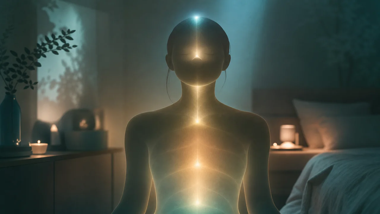 Editorial illustration of a relaxed silhouette with soft light tracing from head to shoulders suggesting a body scan