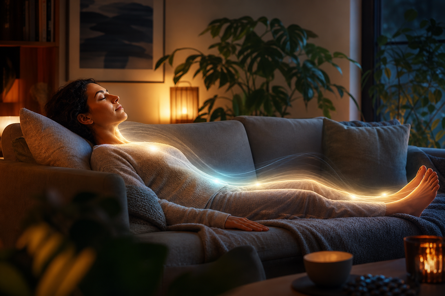 Rustige illustratie van een liggende silhouet met zachte lichtgolving over schouders en benen