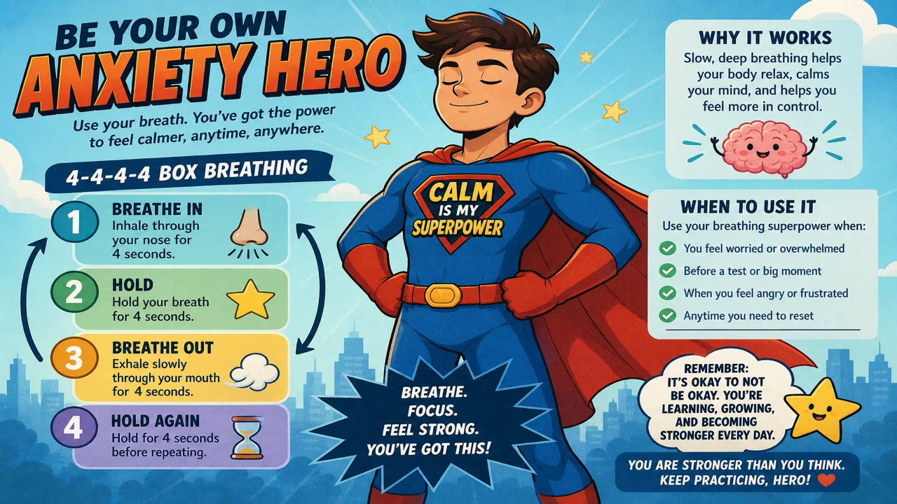 Editorial illustration of calm breath rhythm with soft waves and a hand resting on chest in warm light