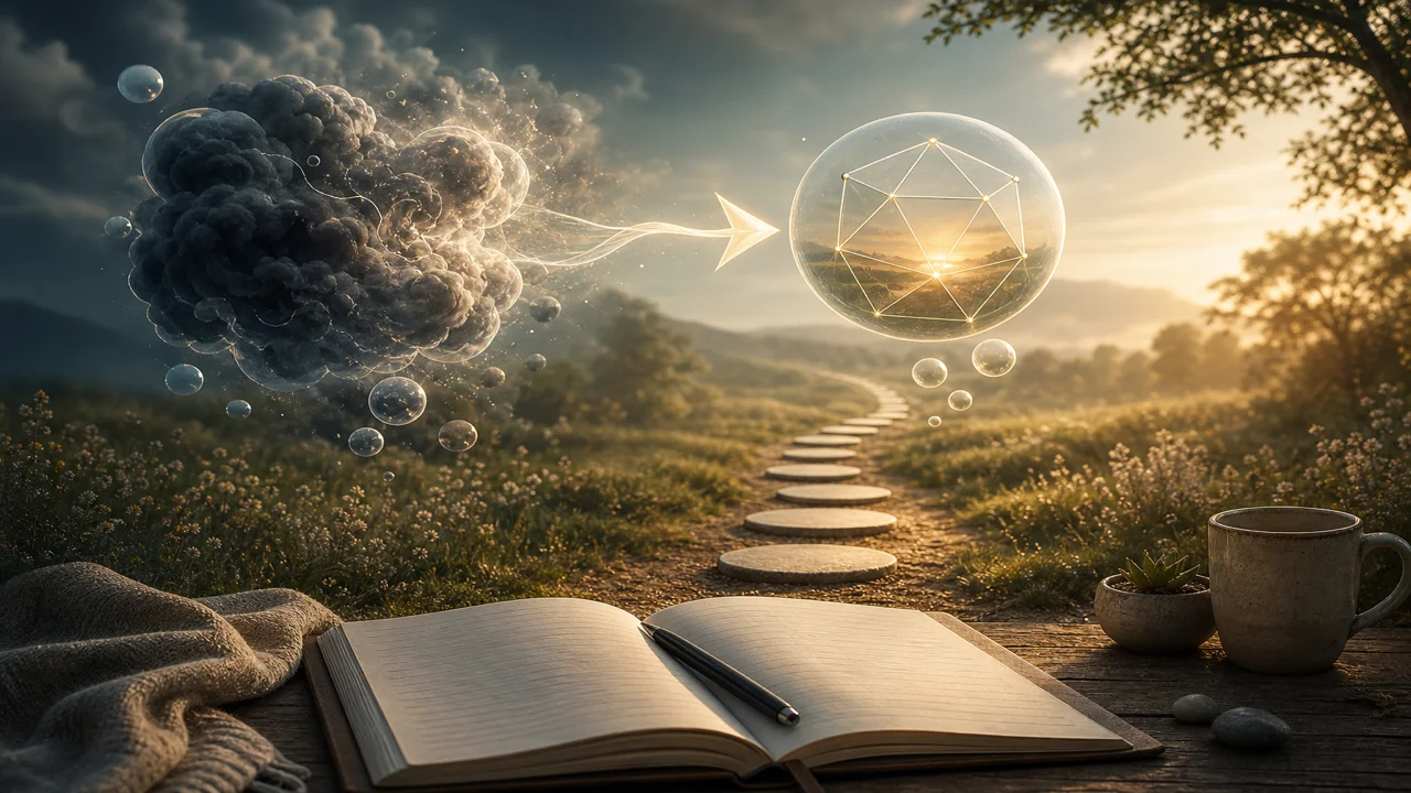 Editorial illustration of thought bubbles transforming into calmer shapes along a gentle daily path