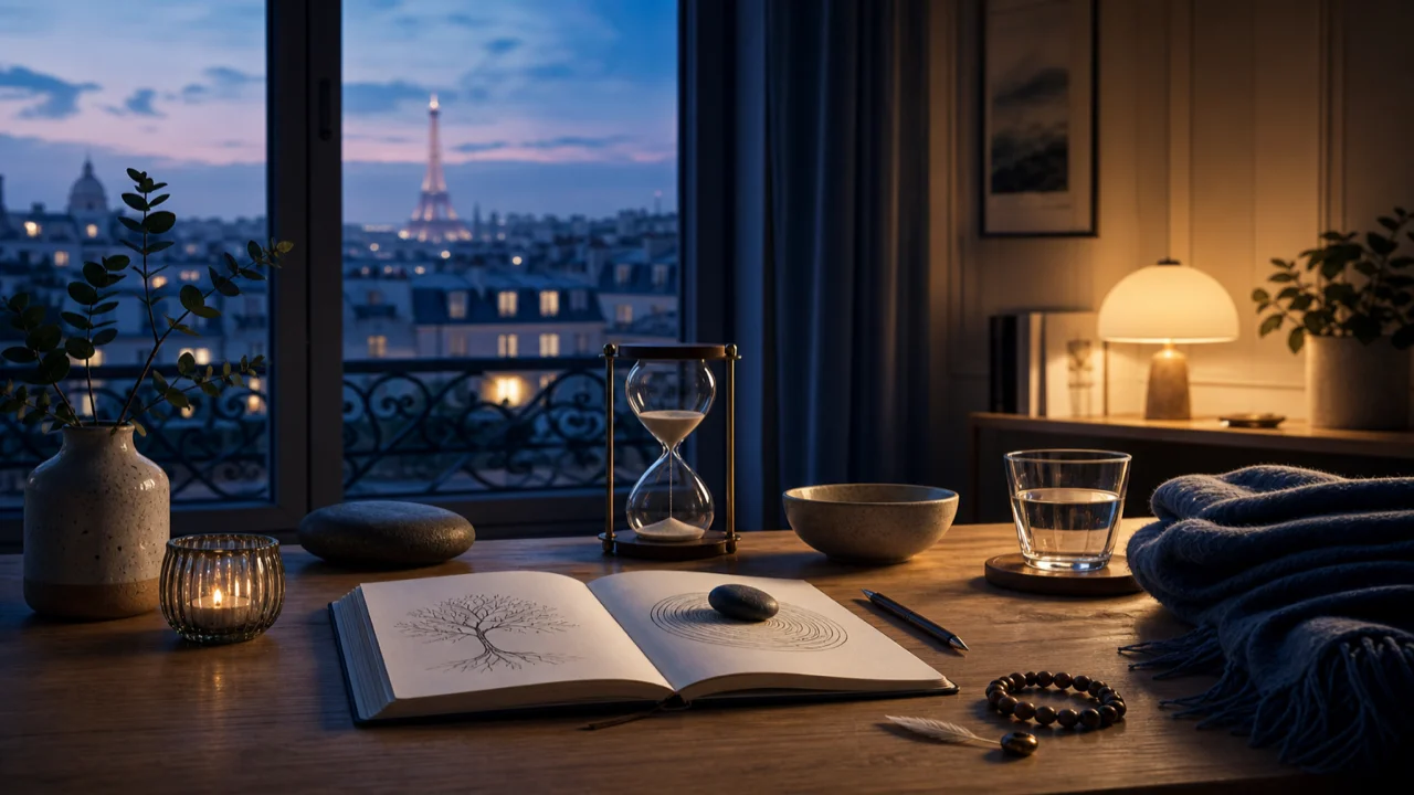 Illustration éditoriale d'une boîte à outils calme avec lumière douce sur symboles de respiration et d'ancrage