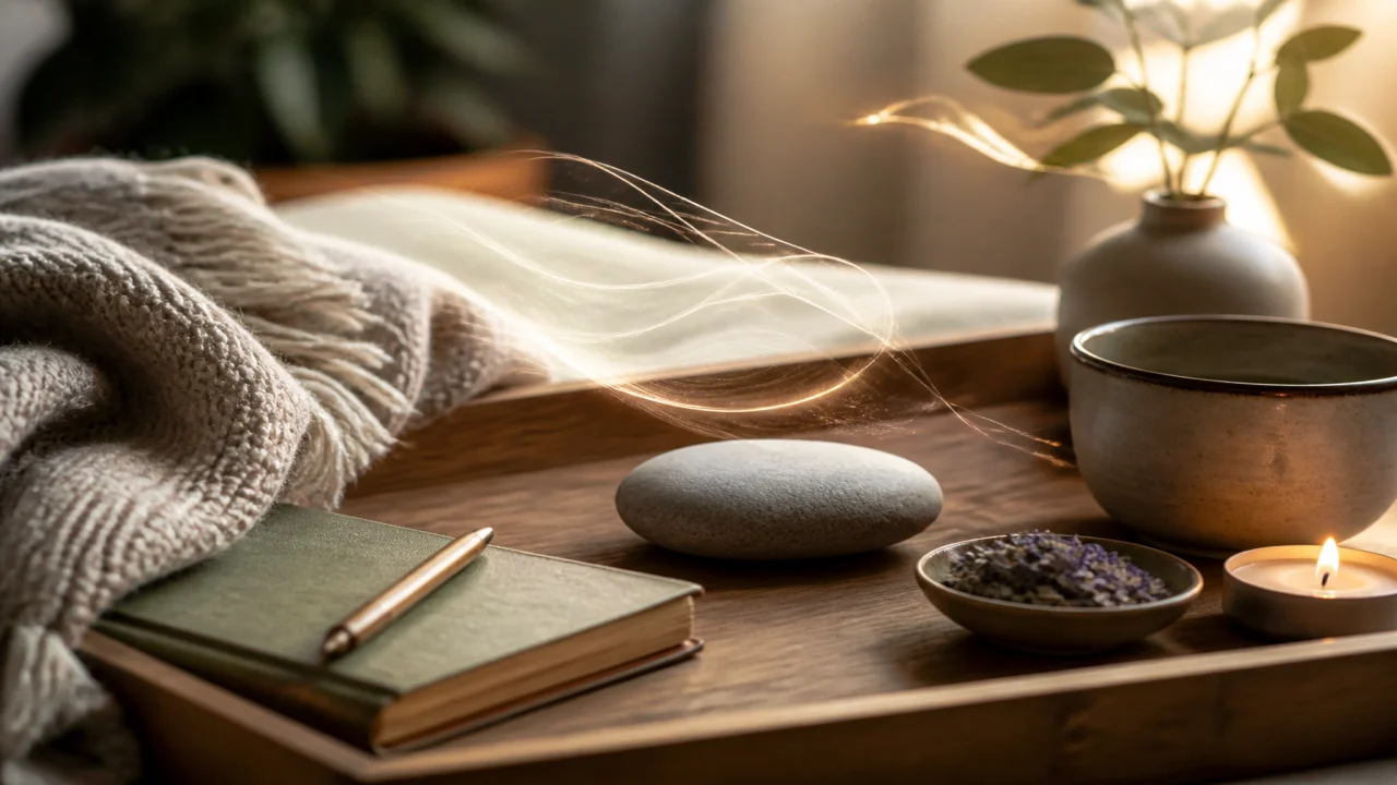 Editorial illustration of a calm toolkit with soft light on breathing and grounding symbols arranged on a wooden surface