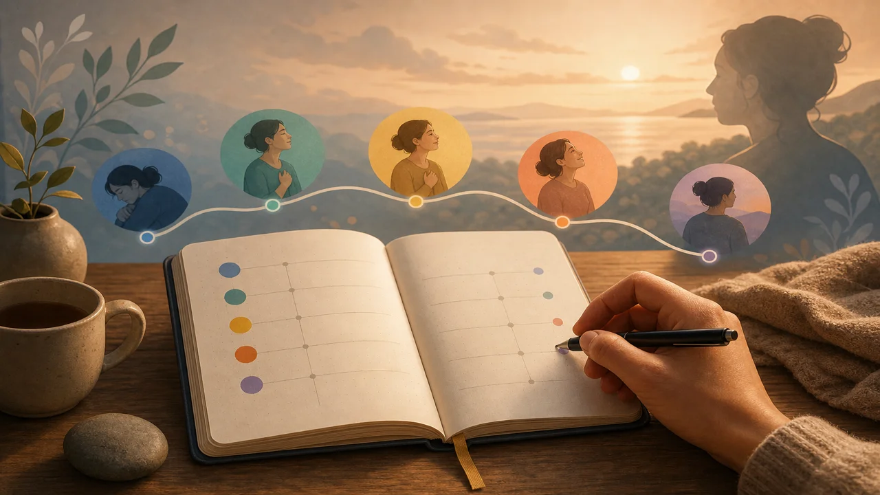 Cuaderno con entradas de emociones conectadas a un panel de patrones suave