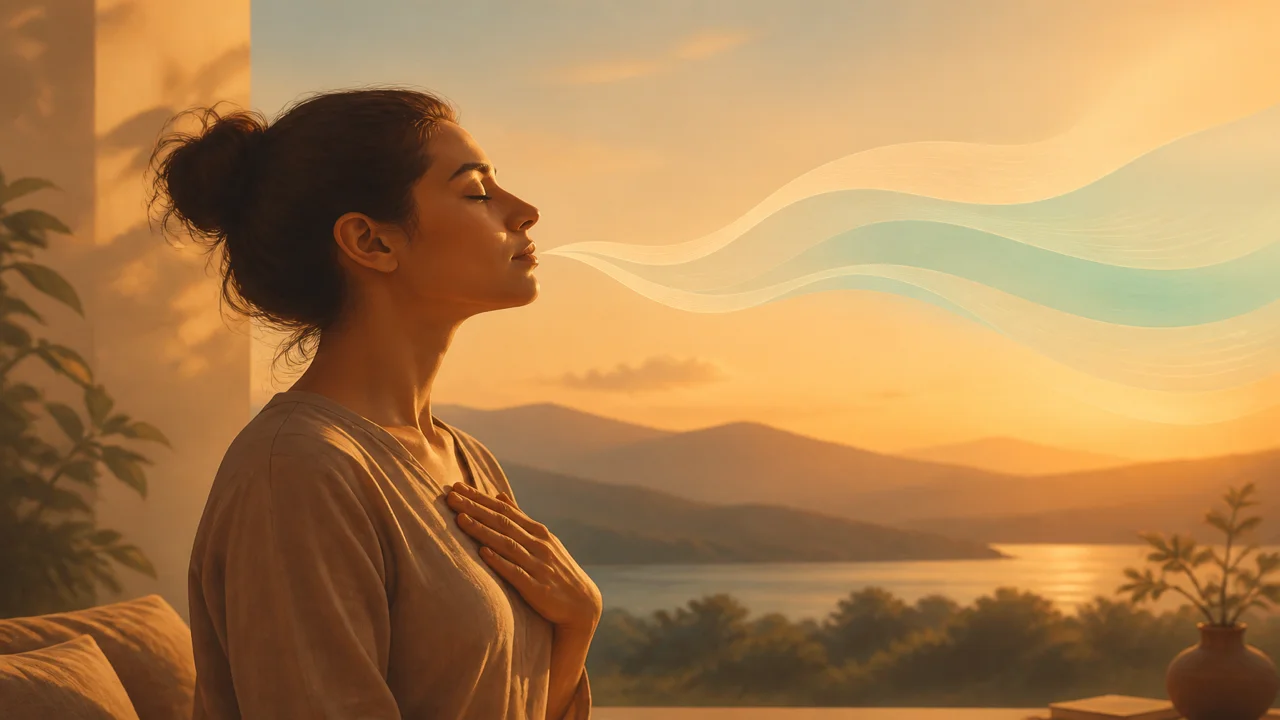 Ilustración editorial de un ritmo respiratorio calmado con ondas suaves y una mano sobre el pecho