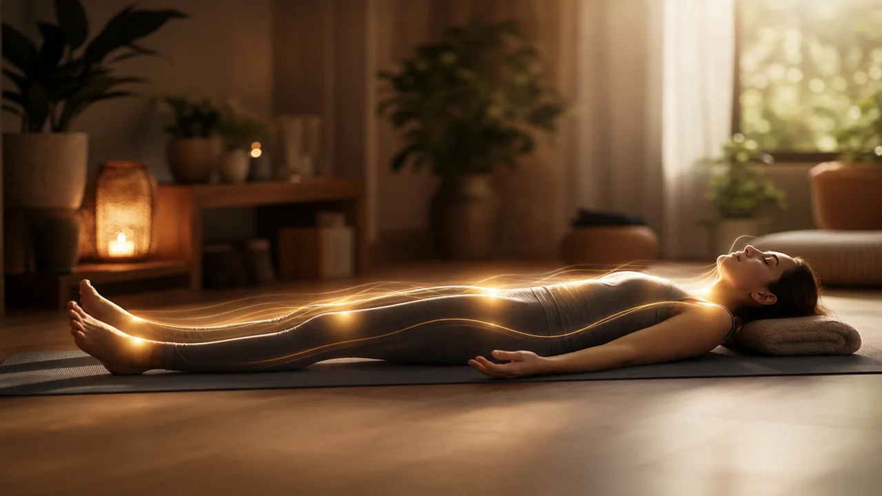 Silhueta relaxada deitada com luz suave percorrendo o corpo em ondas calmas