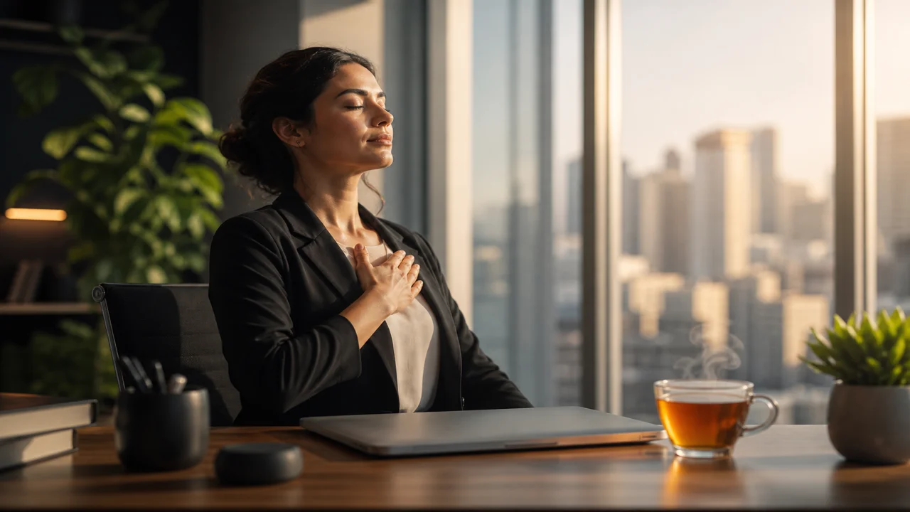 Ilustração de pausa consciente na mesa de trabalho com chá e planta