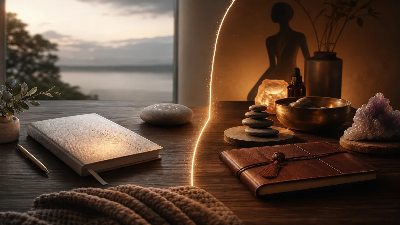 Bureau apaisant avec outils de bien-être et frontière lumineuse entre accès gratuit et Premium