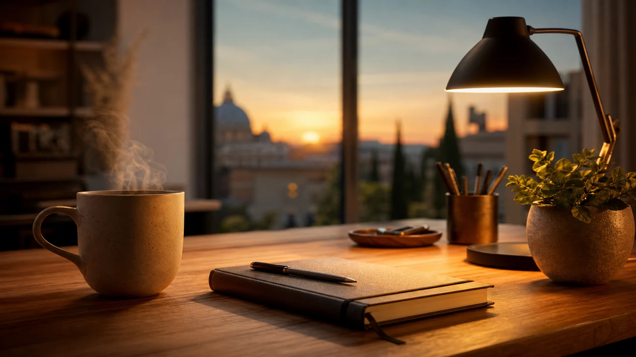 Pausa calma al tavolo di lavoro con tazza e luce soffusa per un reset antistress