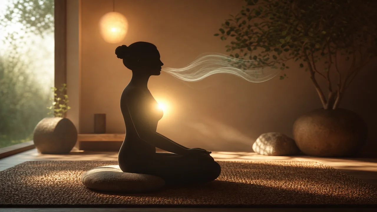 Người ngồi trên gối, dải hơi thở chậm, thảm dệt và ánh sáng ấm gần tim