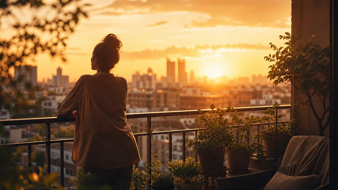 Ban công chiều muộn với hơi thở chậm và vai thả lỏng — khoảnh khắc giảm stress hằng ngày