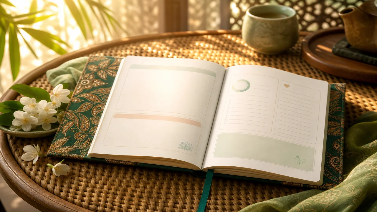 Buku jurnal berpola batik terbuka dengan bidang panduan lembut di atas meja rotan