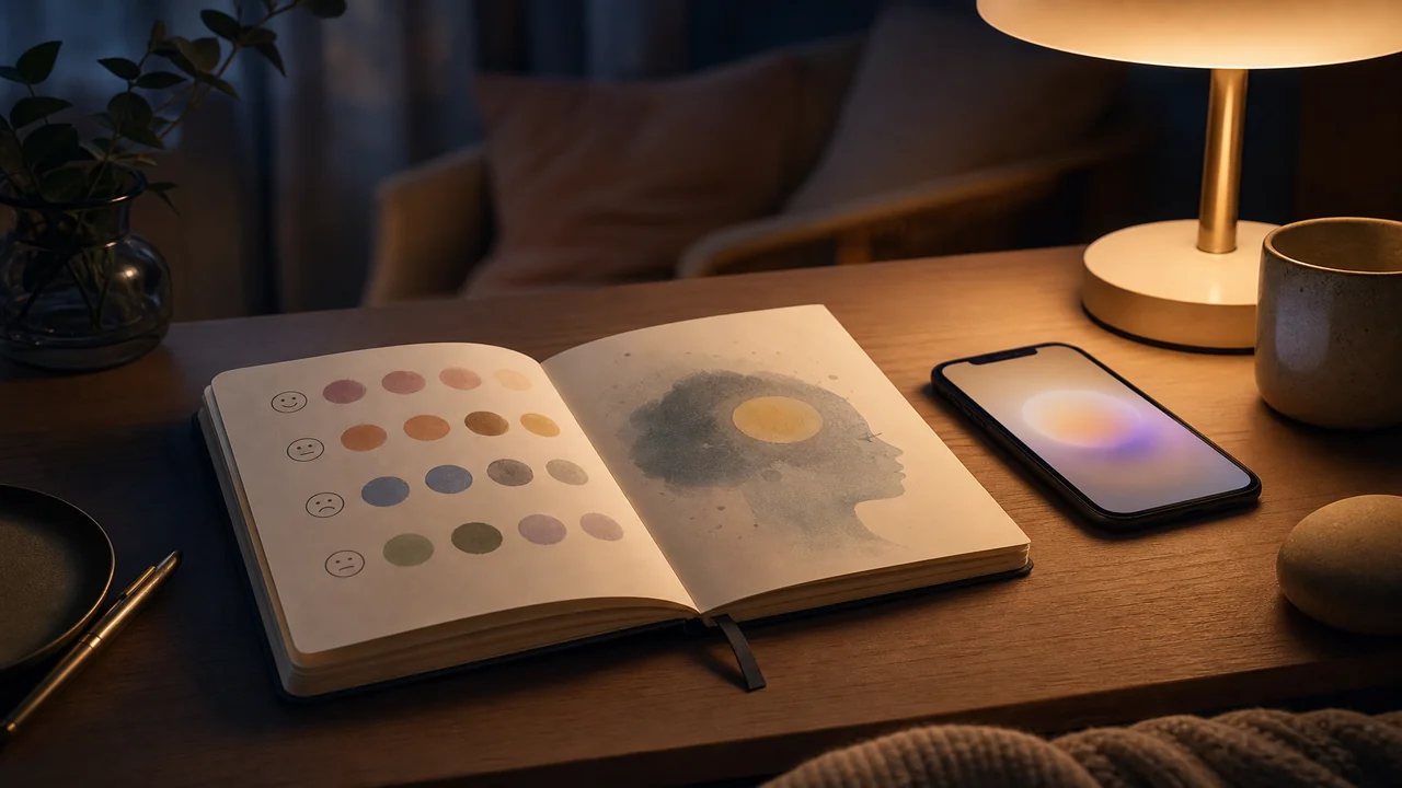 Illustration éditoriale d'un écran de téléphone calme avec une bulle de dialogue douce à côté d'un journal d'émotions à la lumière du soir