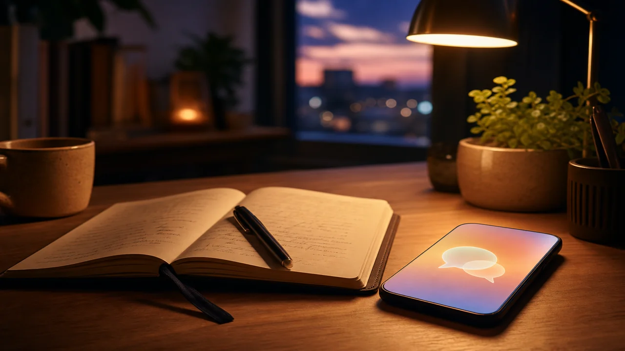 Editorial illustration of a calm phone screen with a gentle chat bubble beside a mood journal page in warm evening light