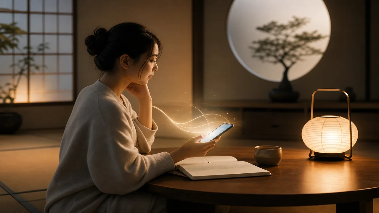 静かな部屋でスマホを膝に置き、窓の柔らかな光を浴びる人のイラスト