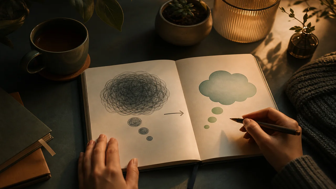 Notizbuch mit einem Gedankenblase, die sich in eine ausgewogenere Form wandelt