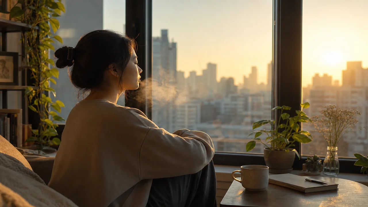 Silhouette ngồi bên cửa sổ với ánh sáng ấm và làn hơi thở chậm