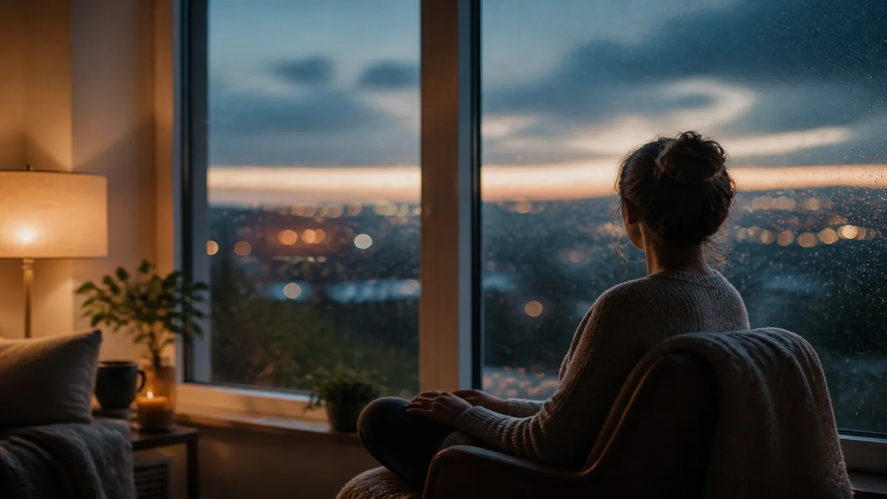 Cinematic editorial scene of a quiet adult seated by a rain-streaked window at dusk, soft lamp light, calm short meditation mood, no text