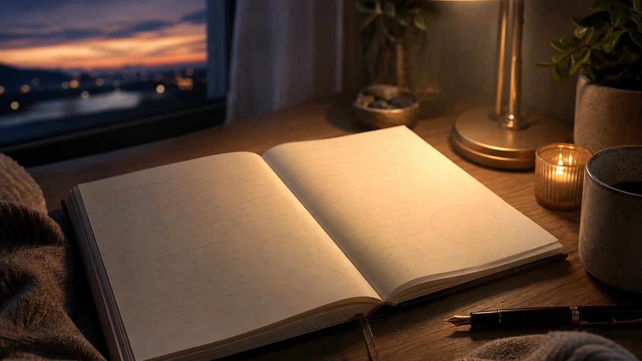 Open journal on a wooden desk at dusk under a warm desk lamp, soft twilight through a window, no readable text