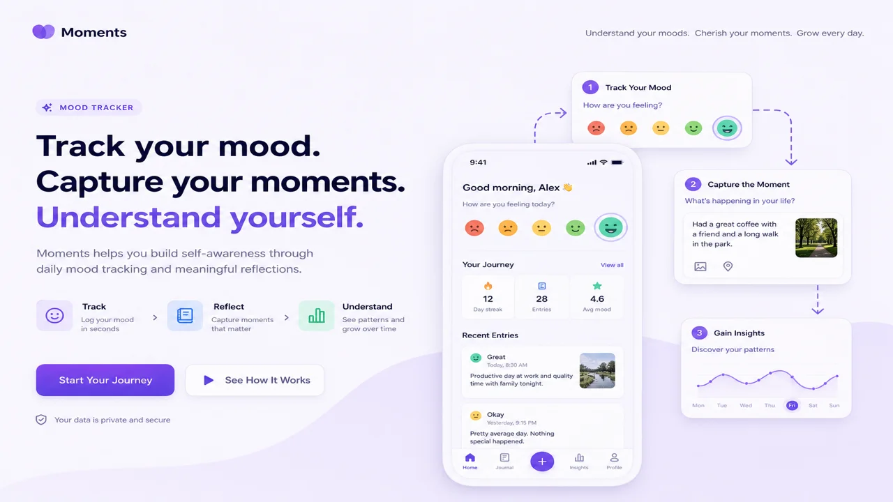 Editorial illustration of a journal page with emotion dots and a gentle timeline connecting daily check-in moments