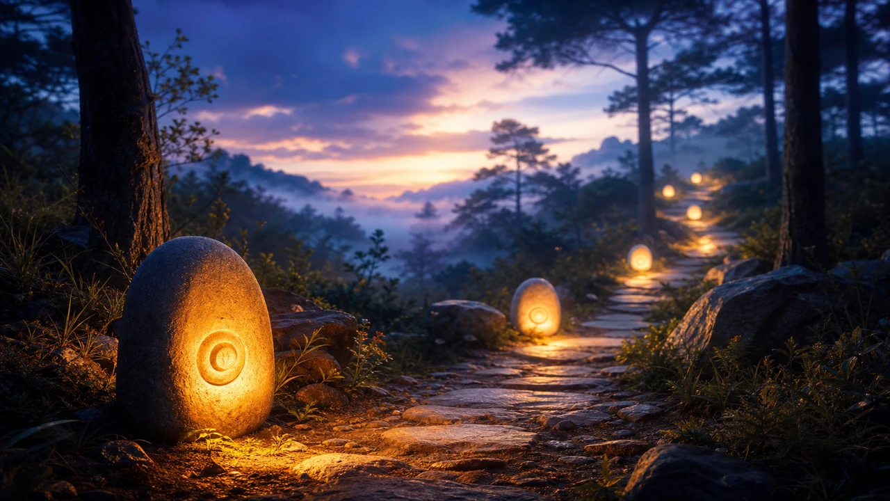 Illustration éditoriale d'un sentier calme au crépuscule avec des jalons de lumière marquant un parcours de pleine conscience