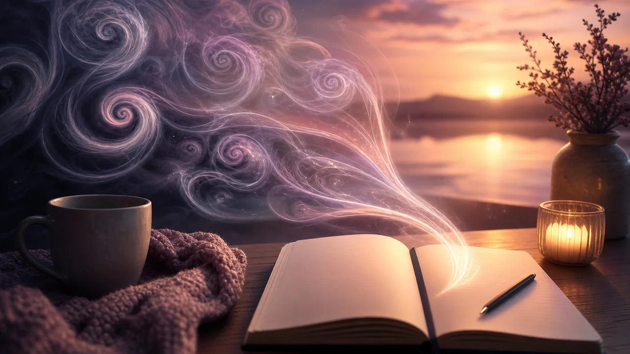 Espirales de pensamiento que se suavizan junto a un diario abierto con luz cálida crepuscular, sin texto legible