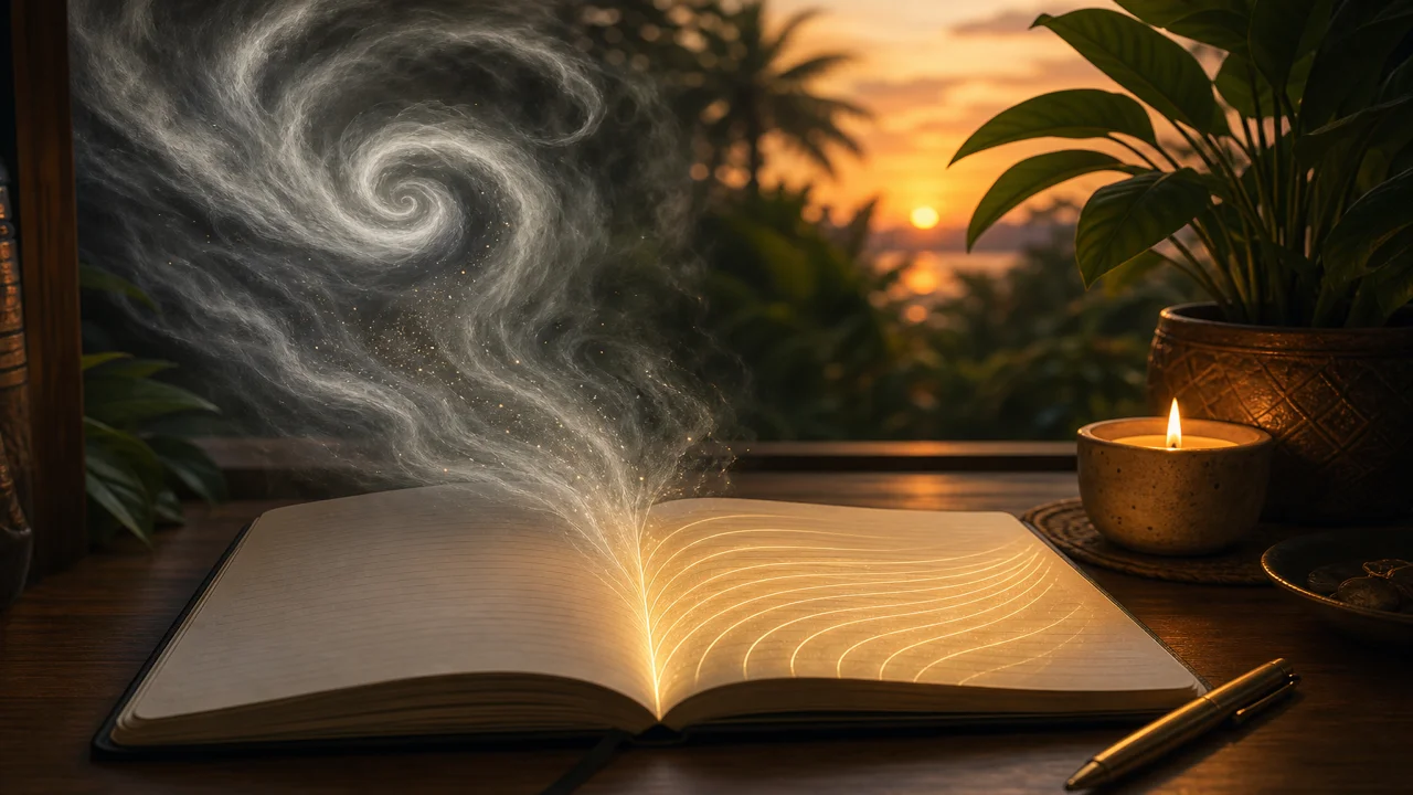 Spiral kabut abu-abu yang mereda menjadi garis cahaya teratur di buku catatan