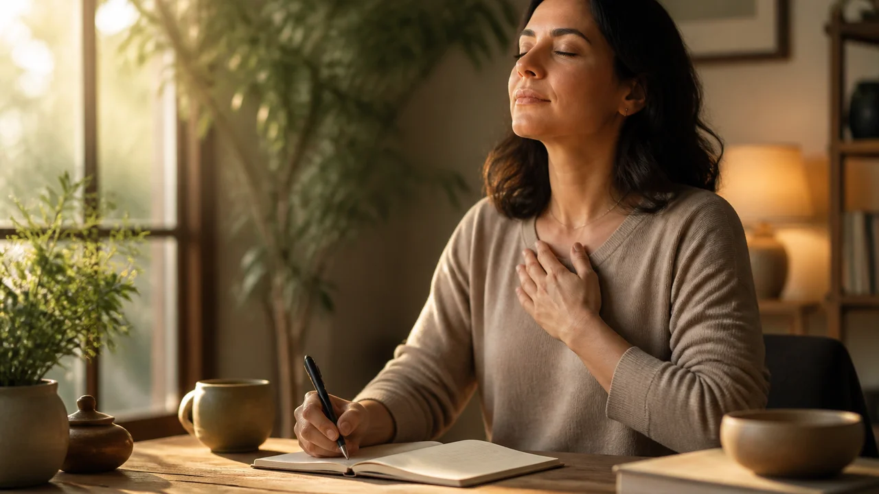 Persona adulta seduta in luce calda che annota un'emozione su un taccuino mentre respira con calma