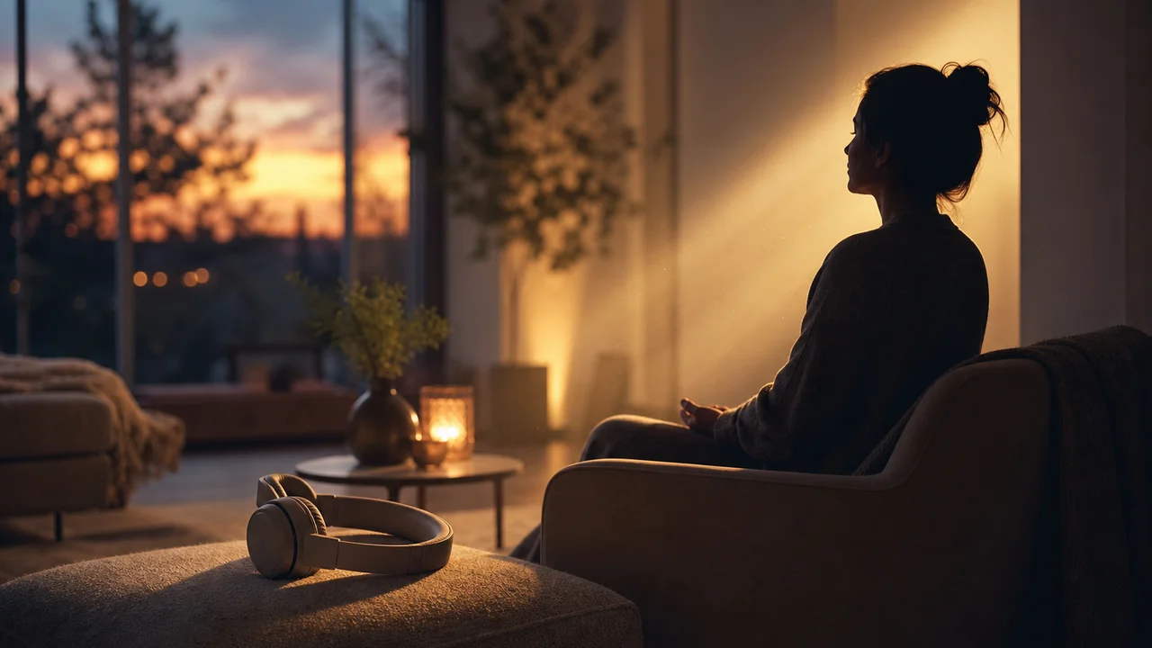 Cinematic soft-lit room with headphones on a cushion and warm light guiding a calm seated silhouette into stillness