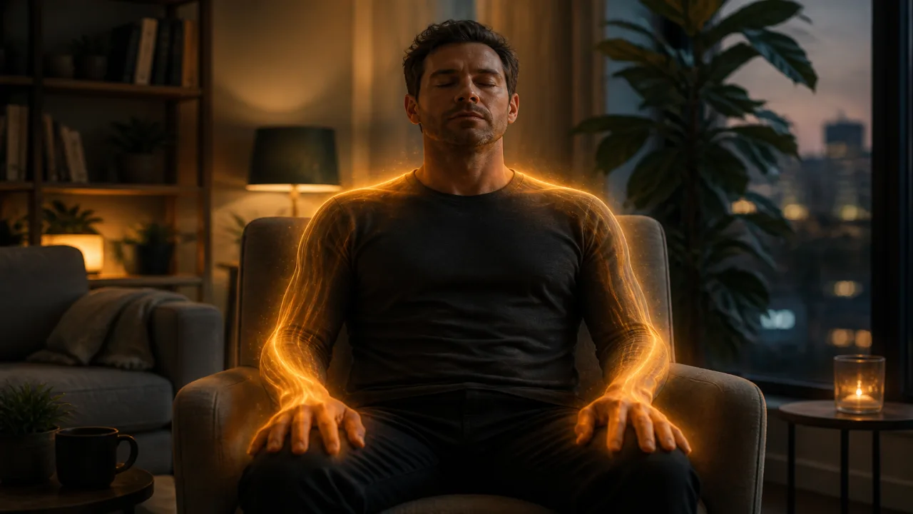 Cinematic seated silhouette releasing shoulder tension, warm light flowing from raised shoulders down to open relaxed hands