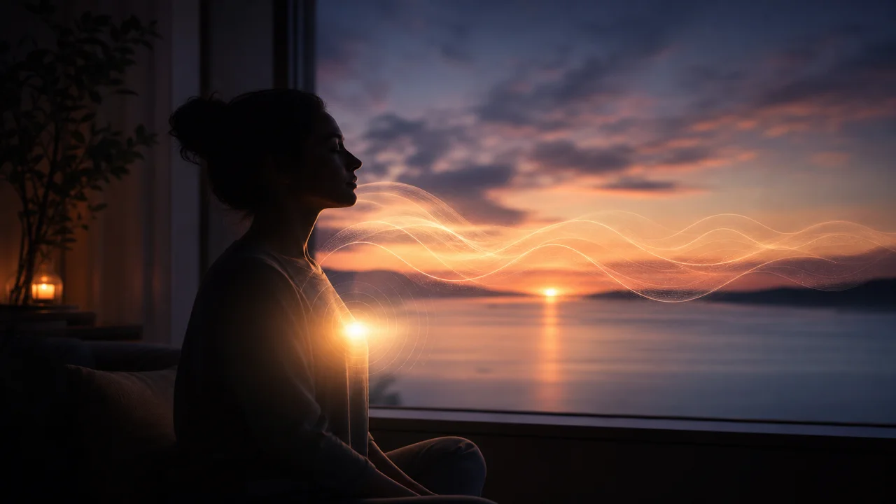 Silhouette au crépuscule avec vagues de souffle en rythme 4-7-8