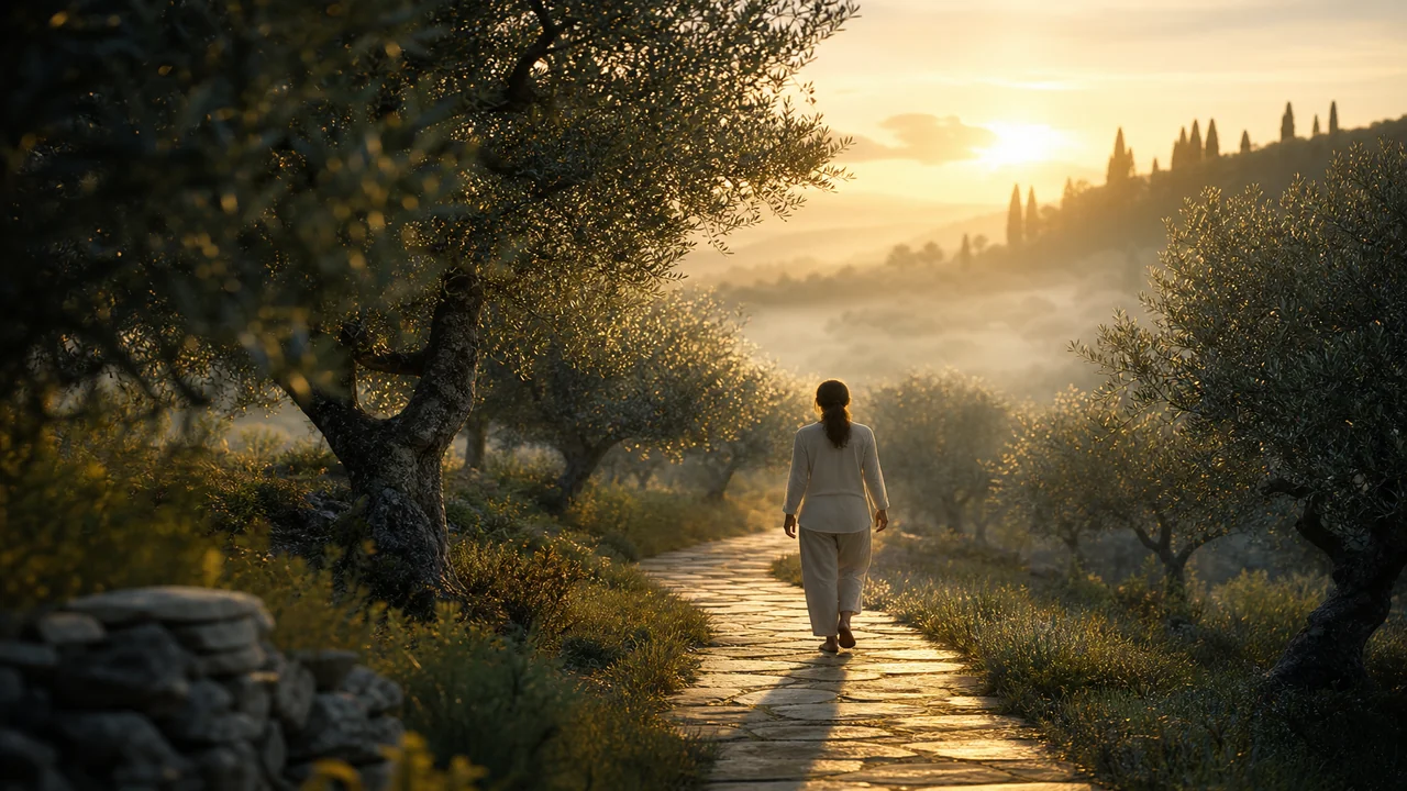 Illustrazione editoriale di un sentiero nel bosco al tramonto con luce calda che guida verso il riposo