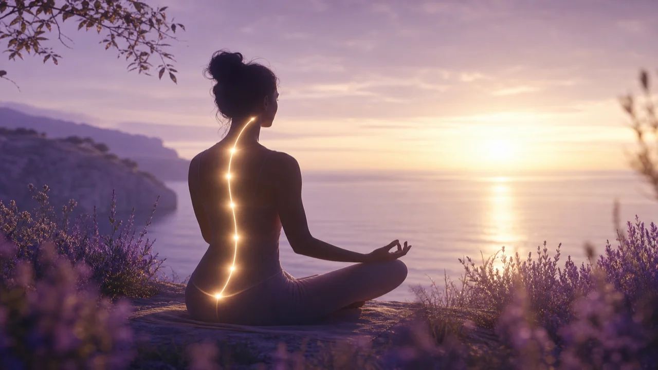 Illustration éditoriale d'une silhouette détendue avec lumière douce de la tête aux épaules