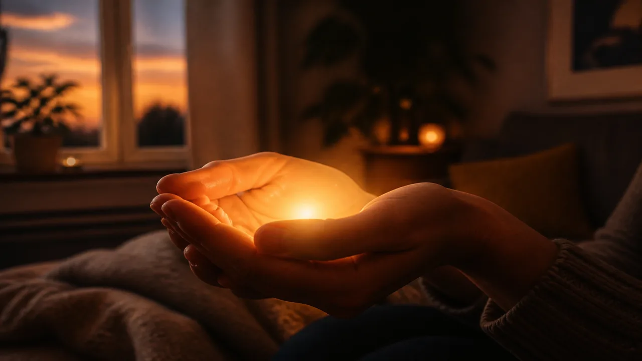 Cinematic editorial scene of adult hands gently cupping warm amber light in a calm evening room, soft window glow, no text