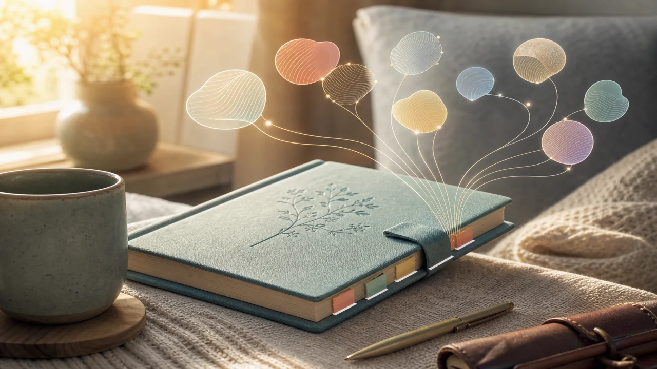 Journal d'émotions relié par des fils lumineux à des motifs d'humeur doux