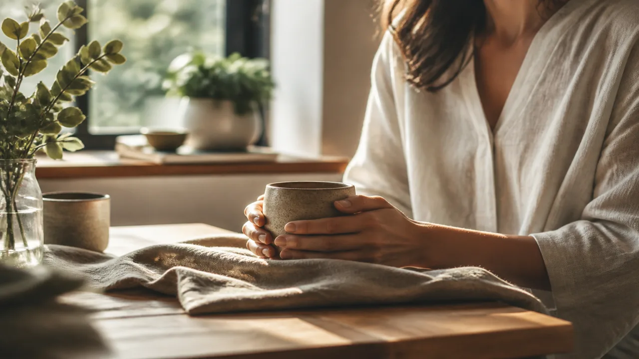 Illustration éditoriale de mains touchant une tasse et un tissu près d'une fenêtre, ancrage sensoriel du matin