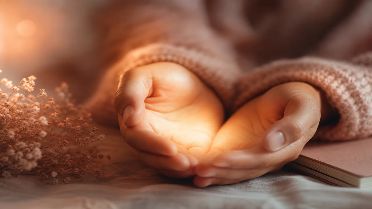 Đôi tay nhẹ nhàng nâng niu ánh sáng ấm — ẩn dụ tự thương yêu bản thân trong hoàng hôn dịu