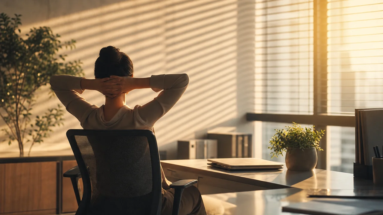 Quiet office desk between meetings with a closed laptop, soft window light, and a calm mid-workday pause silhouette